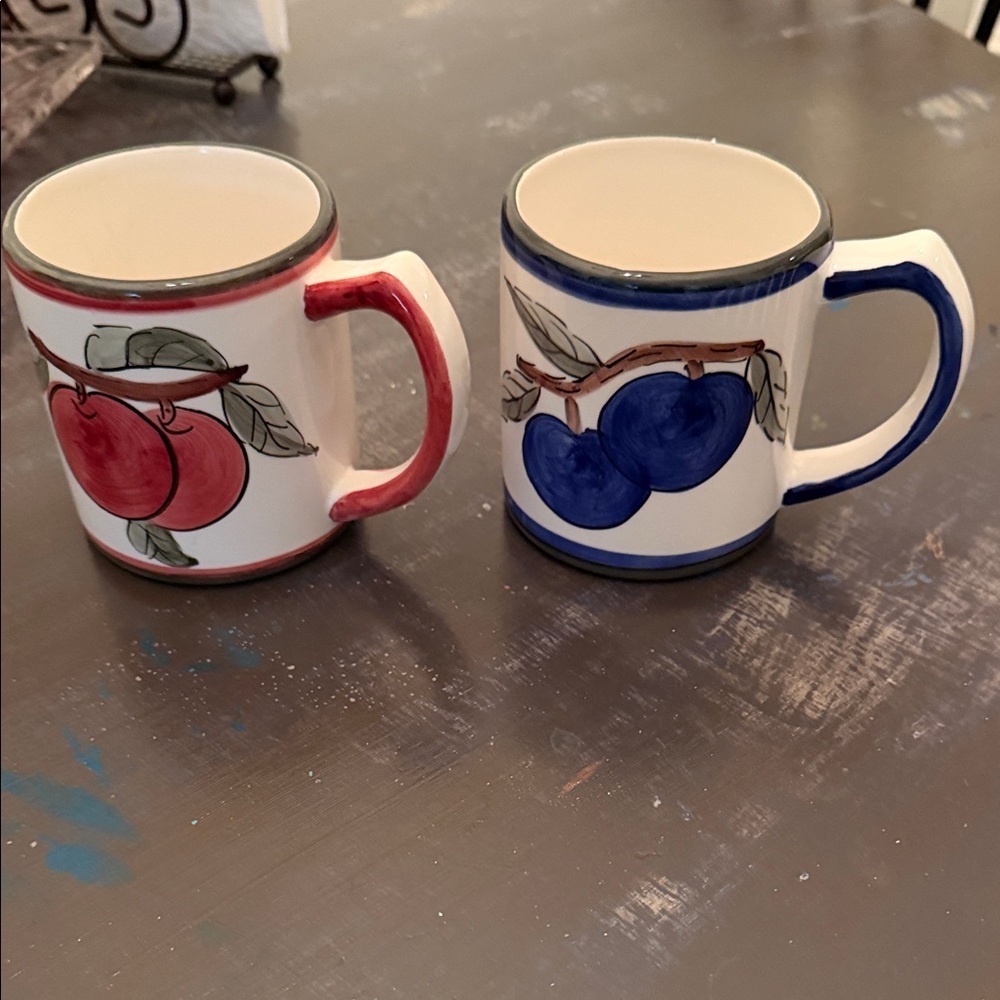 2 Vintage Fruit Design Ceramic Mugs - Red and Blue With Green Accents